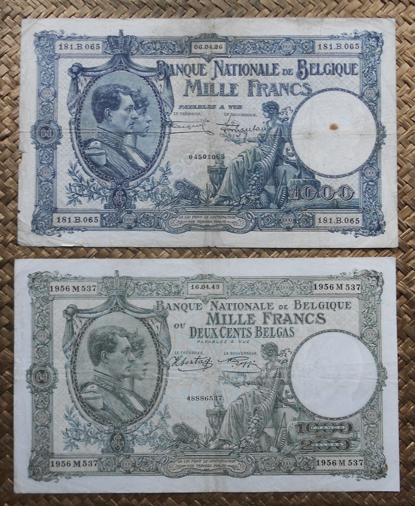 Bélgica 1.000 francos 1926 vs 1.000 francos-200 belgas 1943 anversos