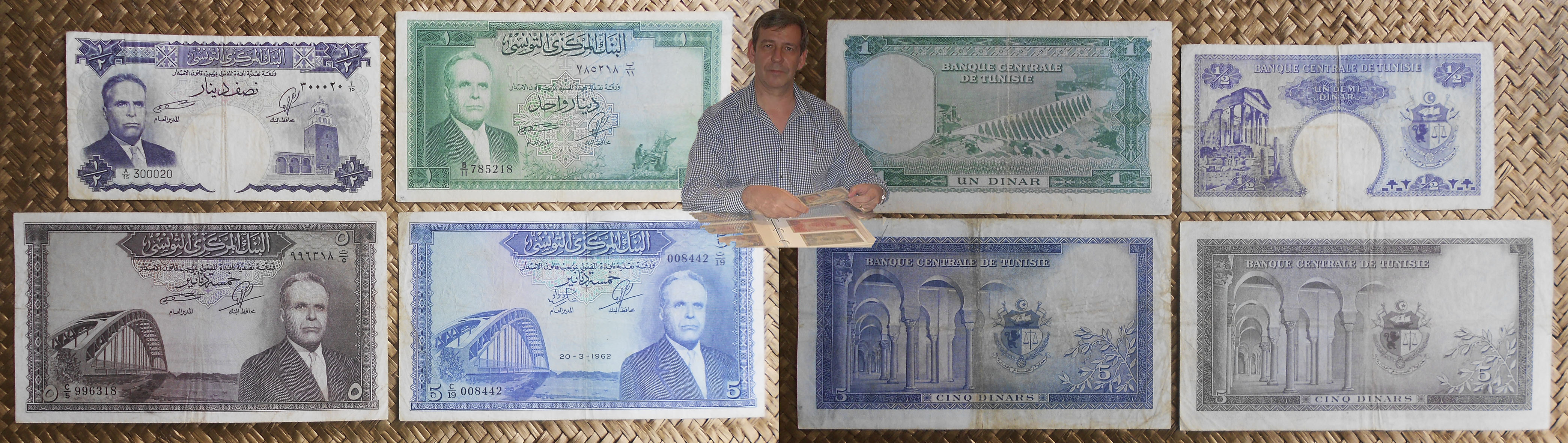 Tunez 1ª serie dinares 1958-1962 Habib Bourguiba anversos y reversos