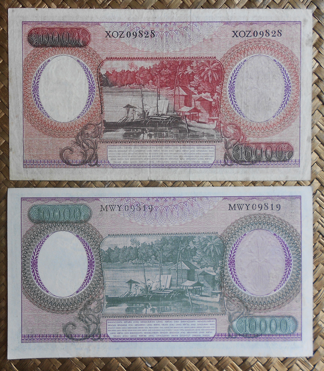 Indonesia 10.000 rupias 1964 1ª serie vs. 2ª serie -Artesanias- reversos