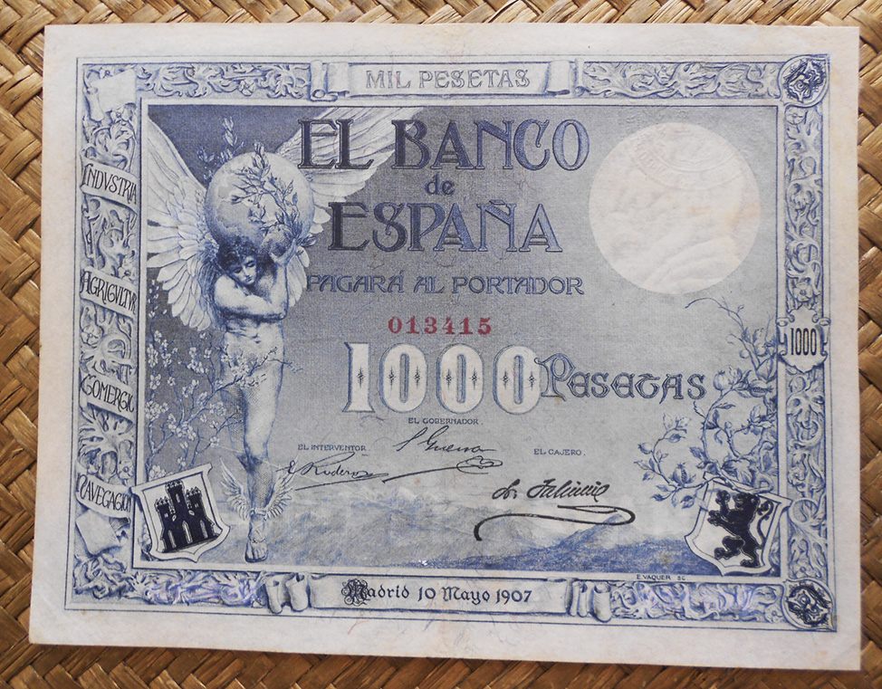 España 1.000 pesetas 1907 (145x108mm) pk.61b anverso